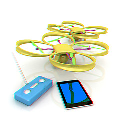 Image showing Drone, remote controller and tablet PC. Anaglyph. View with red/