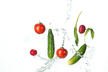 Image showing The fresh tomatos, cucumbers, radish in spray of water.