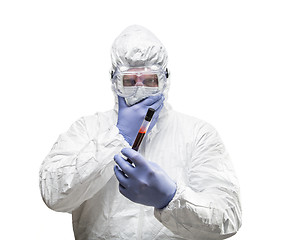 Image showing Man Wearing HAZMAT Protective Clothing Holding Test Tube Filled 
