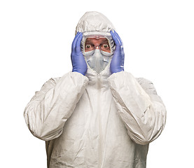 Image showing Man Holding Head With Hands Wearing HAZMAT Protective Clothing I