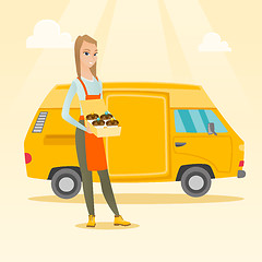 Image showing Baker delivering cakes vector illustration.