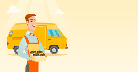 Image showing Baker delivering cakes vector illustration.