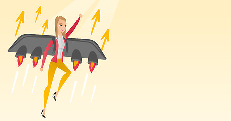 Image showing Business woman flying on the rocket to success.