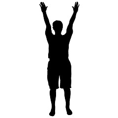 Image showing Black silhouette man standing with hands raised, people on white background