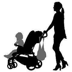 Image showing Black silhouettes Family with pram on white background. illustration