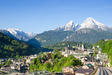 Image showing Small township Berchtesgaden and snowy peaks of Watzmann mountai