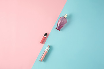 Image showing Cosmetics on modern colorful background