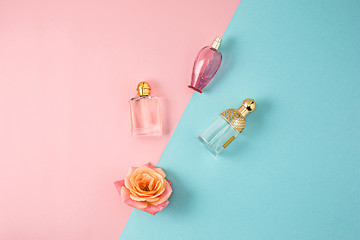 Image showing Cosmetics on modern colorful background