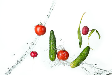 Image showing The fresh tomatos, cucumbers, radish in spray of water.