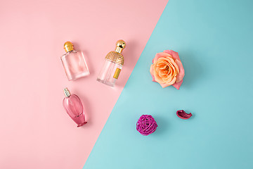 Image showing Cosmetics on modern colorful background