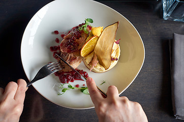 Image showing roasted duck fillet and mashed potatoes