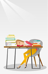 Image showing Female student sleeping at the desk with book.