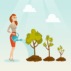 Image showing Business woman watering trees vector illustration.