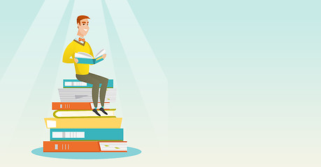 Image showing Student sitting on huge pile of books.