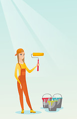 Image showing Painter holding paint roller vector illustration.