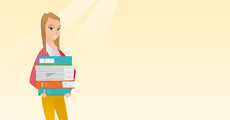 Image showing Woman holding pile of books vector illustration.