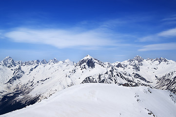 Image showing Mountain peaks and off-piste slope for freeriding in sun winter 