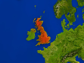 Image showing United Kingdom from space in red