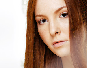 Image showing beauty young redhead woman with red flying hair, funny ginger fr