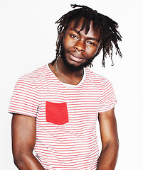 Image showing young handsome afro american boy in stylish hipster hat gesturing emotional isolated on white background smiling, lifestyle people concept 