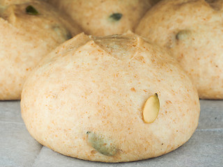 Image showing Pumkin seed buns proofed on baking paper at close-up