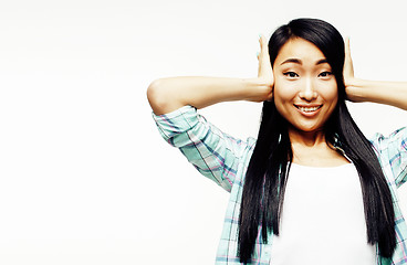 Image showing young pretty asian woman posing cheerful emotional isolated on white background, lifestyle people concept 
