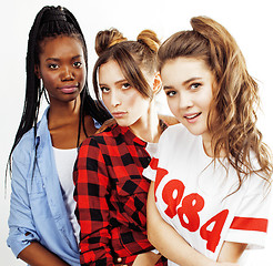 Image showing diverse multi nation girls group, teenage friends company cheerful having fun, happy smiling, cute posing isolated on white background, lifestyle people concept, african-american and caucasian 