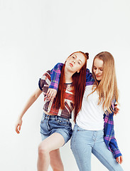 Image showing best friends teenage girls together having fun, posing emotional on white background, besties happy smiling, lifestyle people concept 