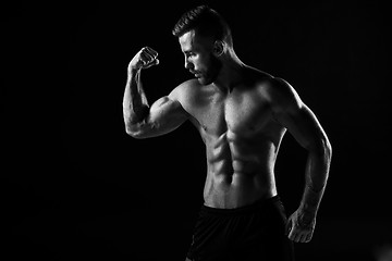 Image showing The torso of attractive male body builder on black background.