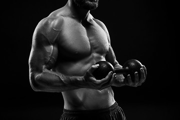 Image showing The torso of attractive male body builder on black background.