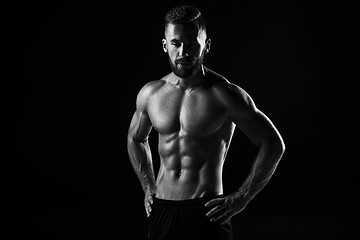 Image showing The torso of attractive male body builder on black background.