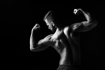 Image showing The back view torso of attractive male body builder on black background.