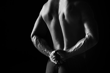 Image showing The back view torso of attractive male body builder on black background.