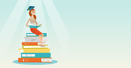 Image showing Student sitting on huge pile of books.