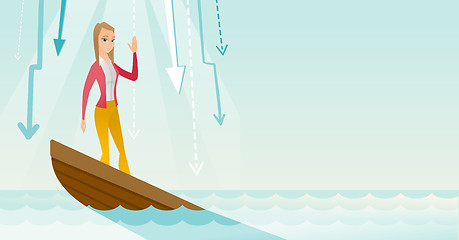 Image showing Business woman standing in sinking boat.