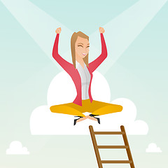 Image showing Happy business woman sitting on the cloud.