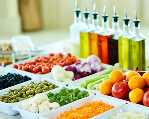 Image showing salad bar with vegetables in the restaurant, healthy food