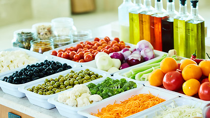 Image showing salad bar with vegetables in the restaurant, healthy food