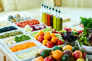 Image showing salad bar with vegetables in the restaurant, healthy food