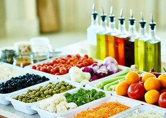 Image showing salad bar with vegetables in the restaurant, healthy food