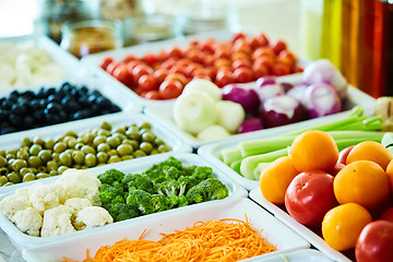 Image showing salad bar with vegetables in the restaurant, healthy food