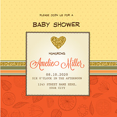 Image showing Beautiful  baby shower card template with golden glittering deta