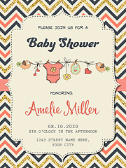 Image showing Beautiful retro baby shower card template with golden glittering