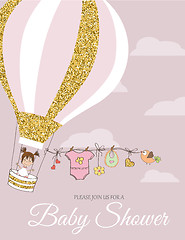 Image showing Beautiful  baby shower card template with golden glittering deta