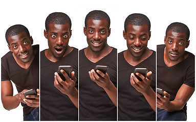 Image showing Portrait of smiling african man talking on the phone isolated on a white background