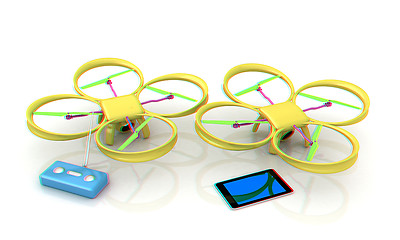 Image showing Drone, remote controller and tablet PC. Anaglyph. View with red/