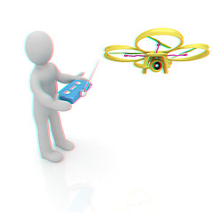 Image showing 3d man with drone, quadrocopter, with photo camera. 3d render. 3