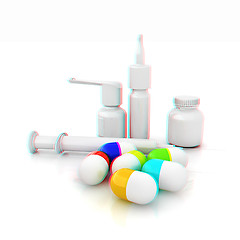 Image showing Syringe, tablet, pill jar. 3D illustration. Anaglyph. View with 