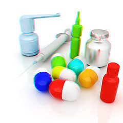 Image showing Syringe, tablet, pill jar. 3D illustration. Anaglyph. View with 