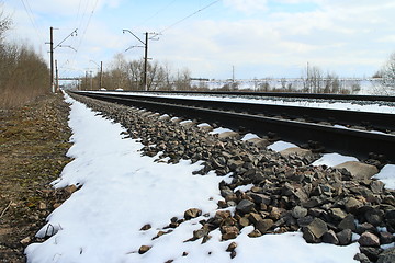 Image showing  rails of railway forward at winter